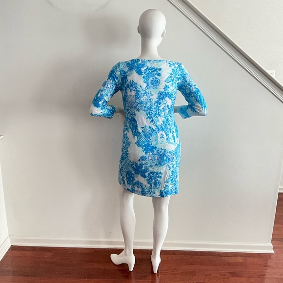 Lilly Pulitzer Blue Toile Me About It Sophie Dress White Long Sleeve UPF 50 L - Picture 3 of 12